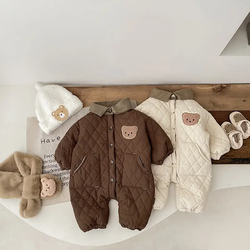 Newborn Baby Cotton Padded Jumpsuit Brown Cream Winter Warm
