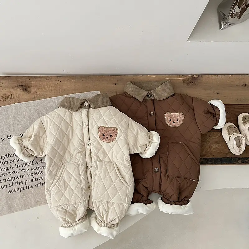 Newborn Baby Cotton Padded Jumpsuit Brown Cream Winter Warm
