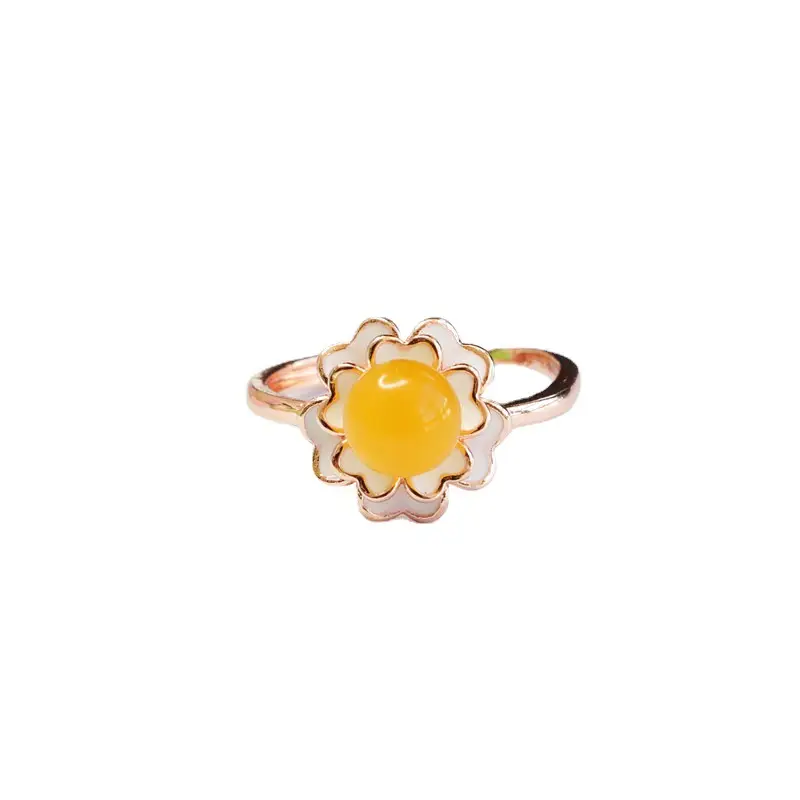 Guan Yu Yellow Amber Camellia Ring with Rose Gold - Image 6