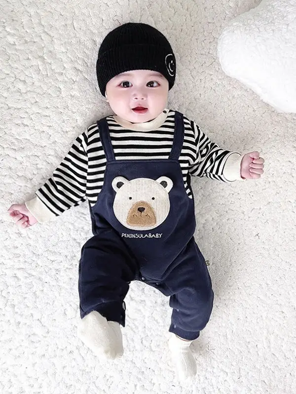 Baby Fleece Bear Jumpsuit Gray Striped Newborn