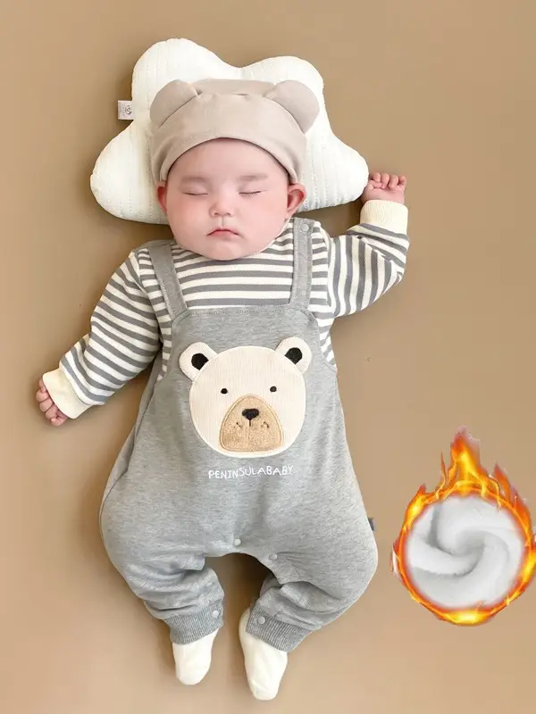 Baby Fleece Bear Jumpsuit Gray Striped Newborn