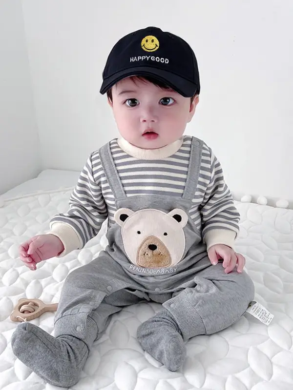 Baby Fleece Bear Jumpsuit Gray Striped Newborn