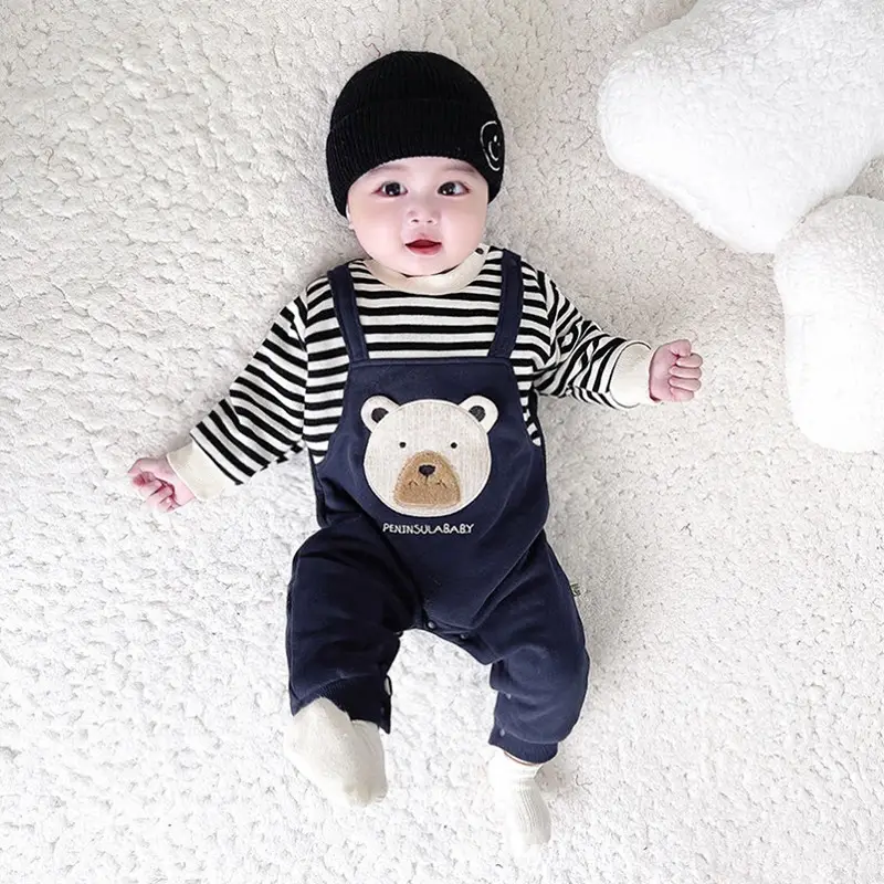 Baby Fleece Bear Jumpsuit Gray Striped Newborn
