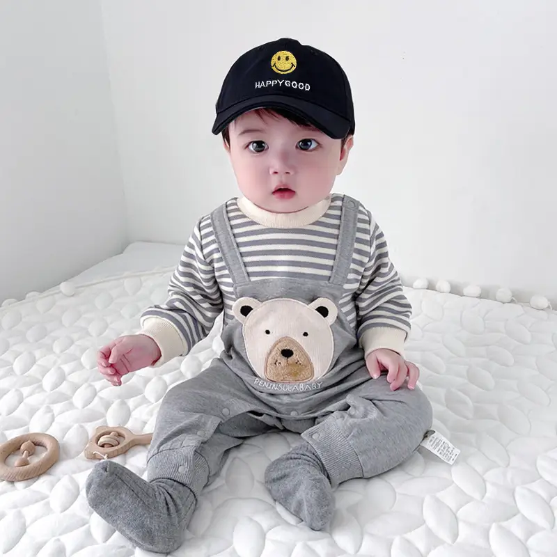 Baby Fleece Bear Jumpsuit Gray Striped Newborn