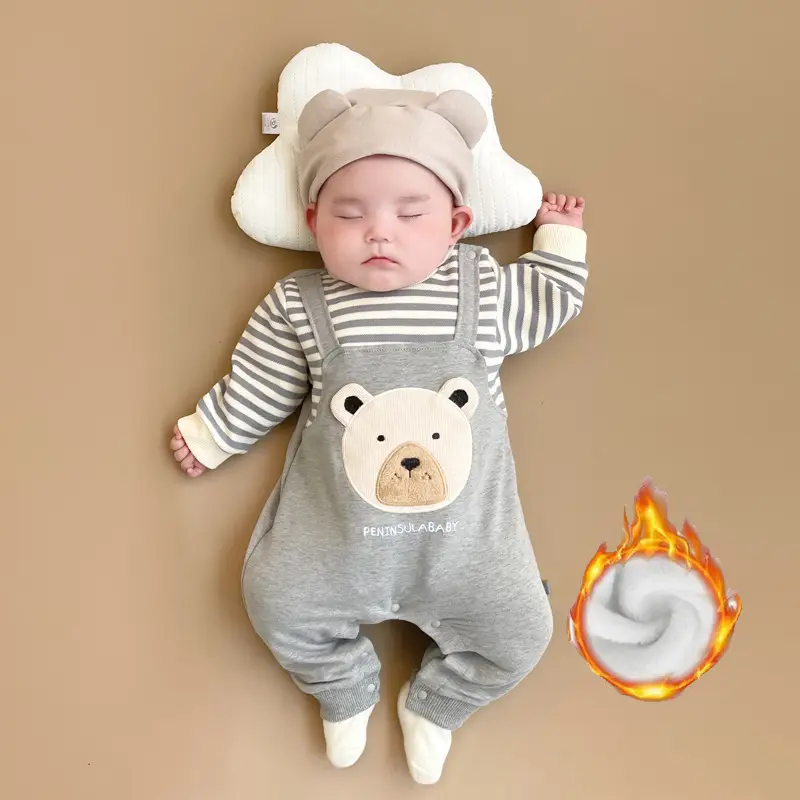 Baby Fleece Bear Jumpsuit Gray Striped Newborn