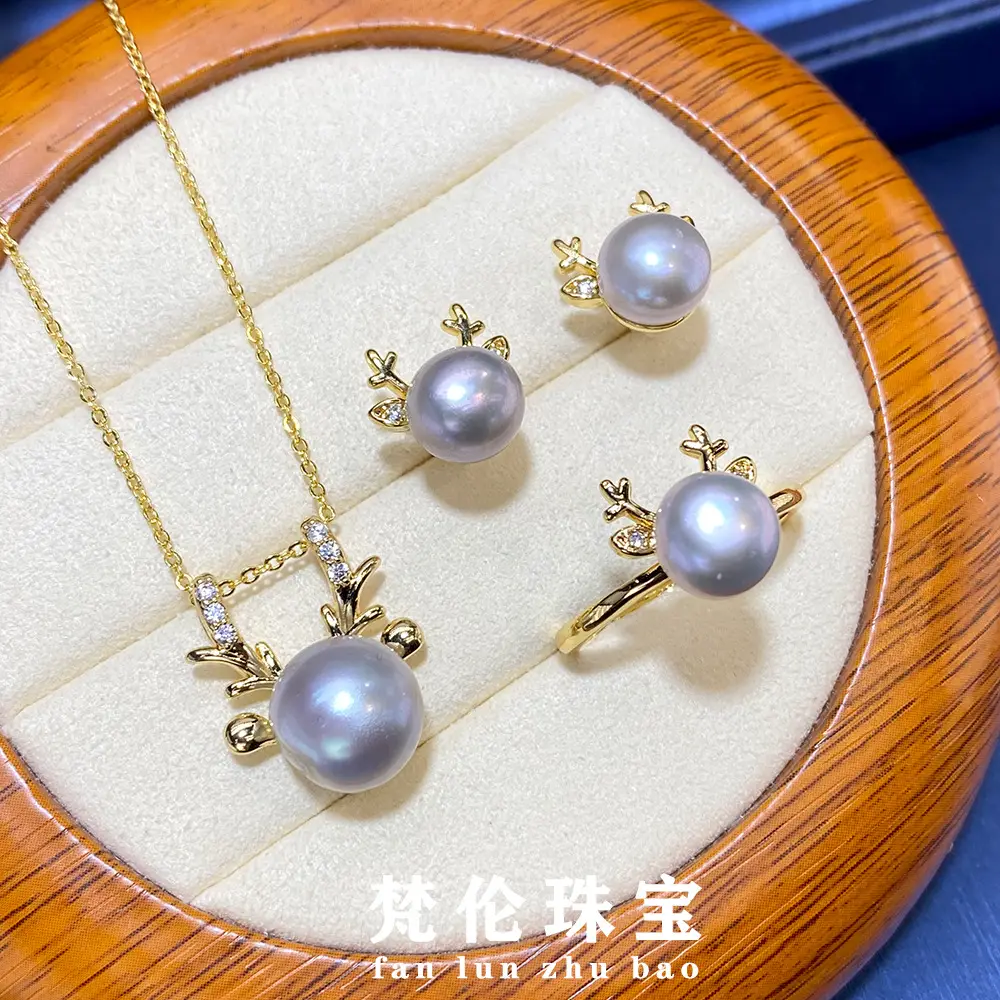 Rare Platinum Grey Pearl Jewelry Set Three Piece Gold Craft - Image 4