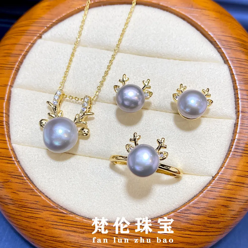 Rare Platinum Grey Pearl Jewelry Set Three Piece Gold Craft - Image 5