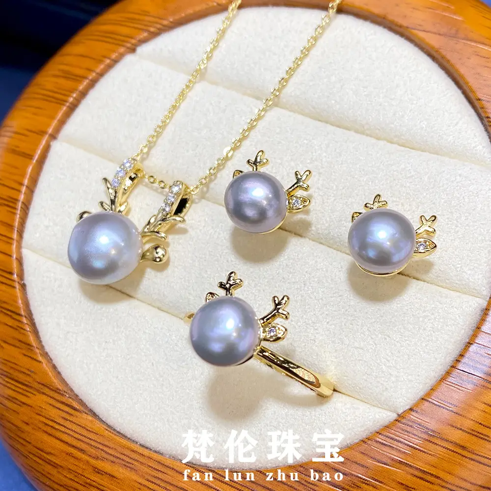 Rare Platinum Grey Pearl Jewelry Set Three Piece Gold Craft - Image 6