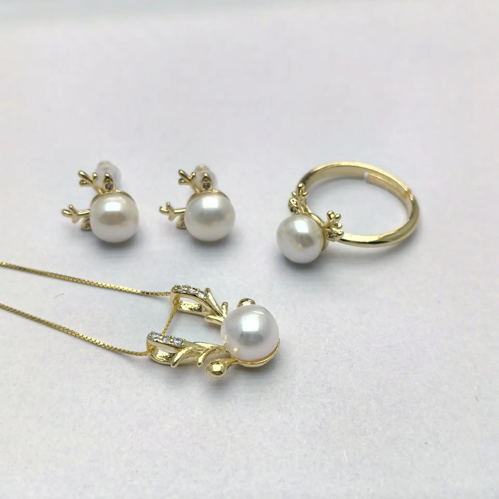 Rare Platinum Grey Pearl Jewelry Set Three Piece Gold Craft - Image 7