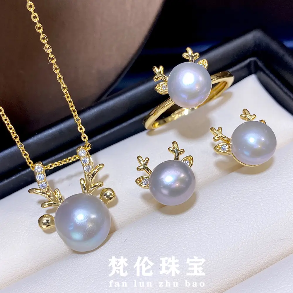 Rare Platinum Grey Pearl Jewelry Set Three Piece Gold Craft — feature 3
