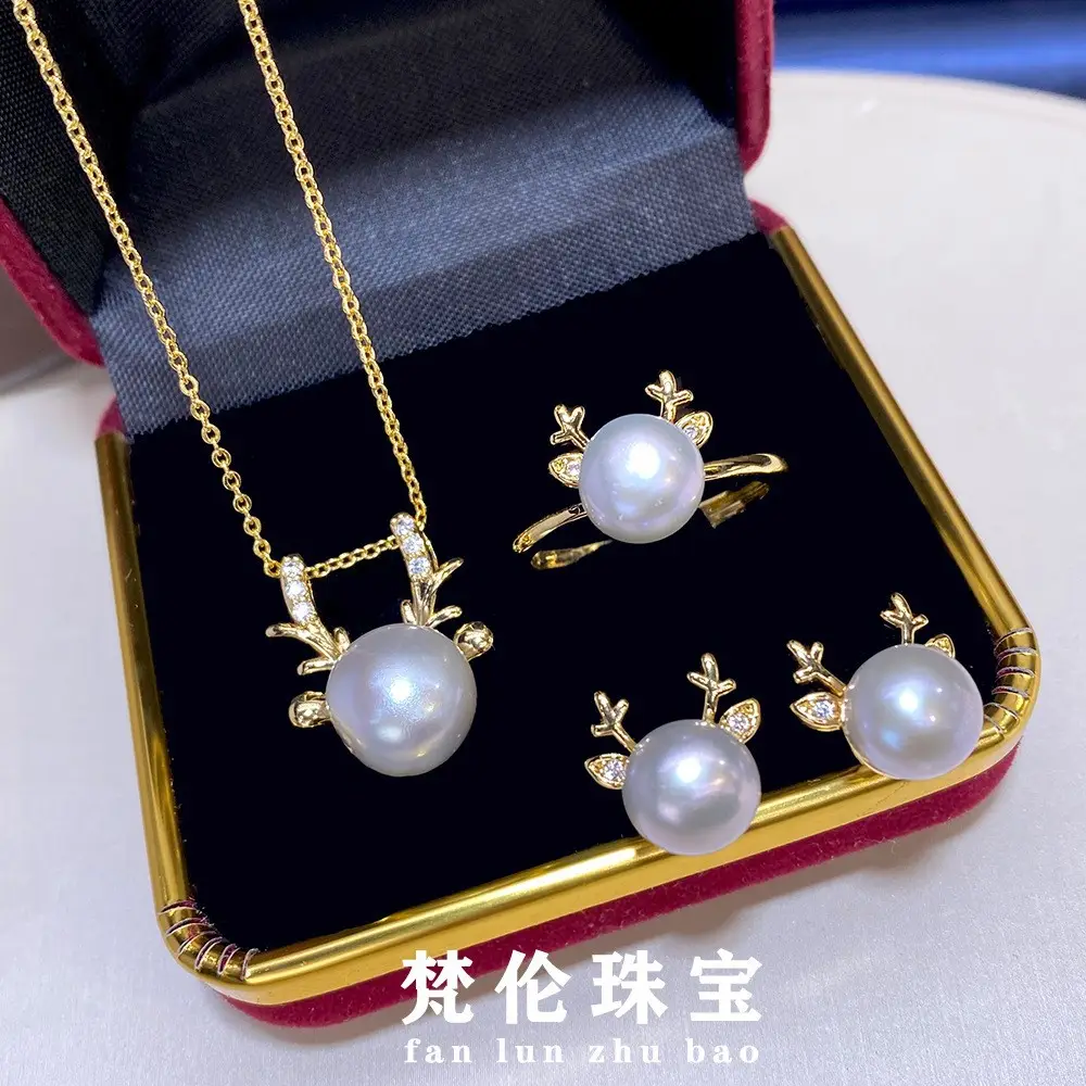 Rare Platinum Grey Pearl Jewelry Set Three Piece Gold Craft - Image 2
