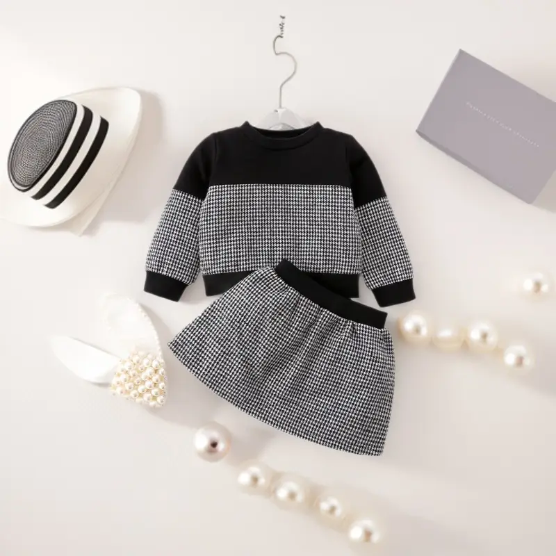 Girls Houndstooth Top T-shirt Suit Autumn Korean Skirt Two-piece - Image 2