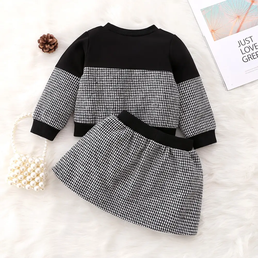 Girls Houndstooth Top T-shirt Suit Autumn Korean Skirt Two-piece - Image 3