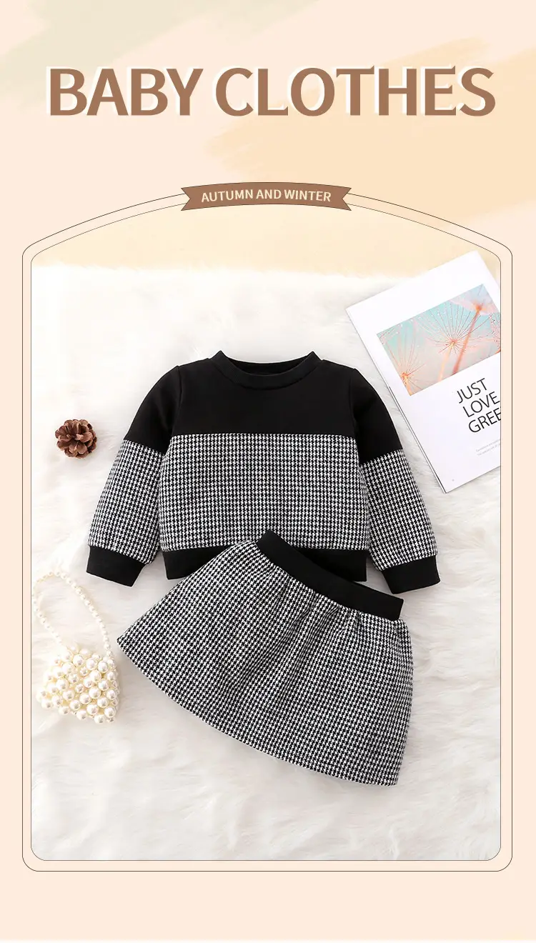 Girls Houndstooth Top T-shirt Suit Autumn Korean Skirt Two-piece — feature 1