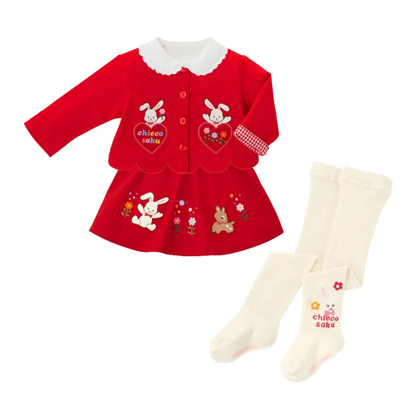 Girls Cotton Socks Chic Saku Bunny Embroidered Red White - Image 5