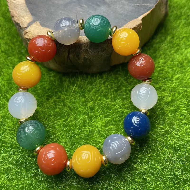 Multi Color Aged Chalcedony Bracelet with Gold Plated Ends