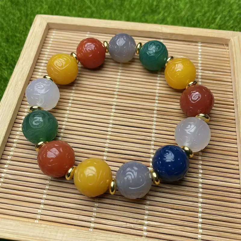 Multi Color Aged Chalcedony Bracelet with Gold Plated Ends