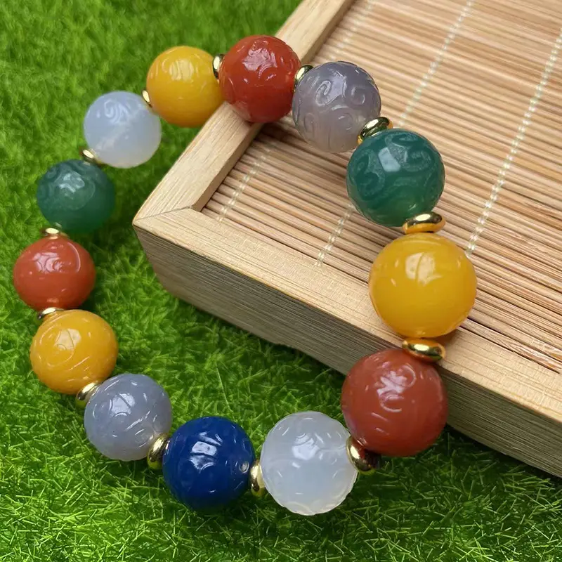 Multi Color Aged Chalcedony Bracelet with Gold Plated Ends