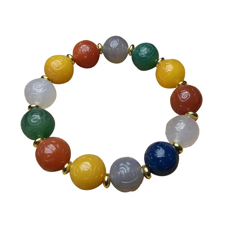 Multi Color Aged Chalcedony Bracelet with Gold Plated Ends