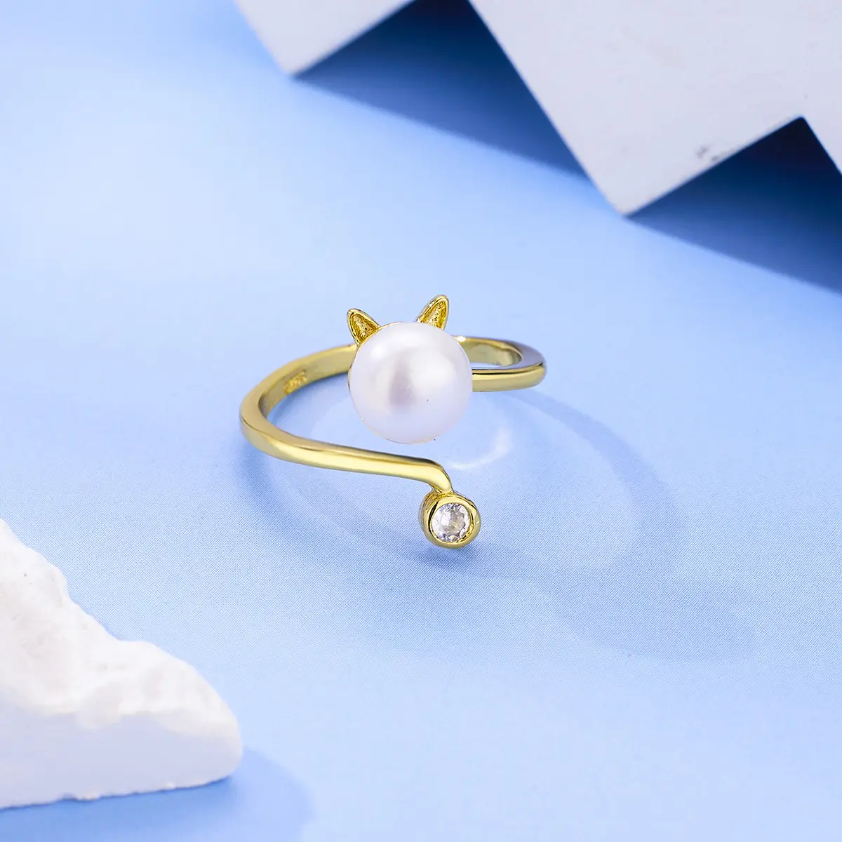 Gold Cat Design Pearl Adjustable Ring for Women