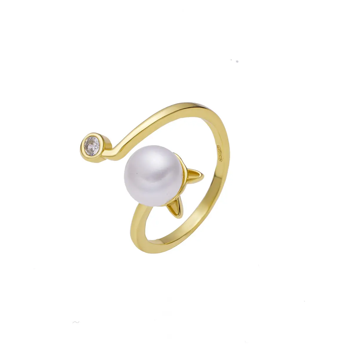 Gold Cat Design Pearl Adjustable Ring for Women