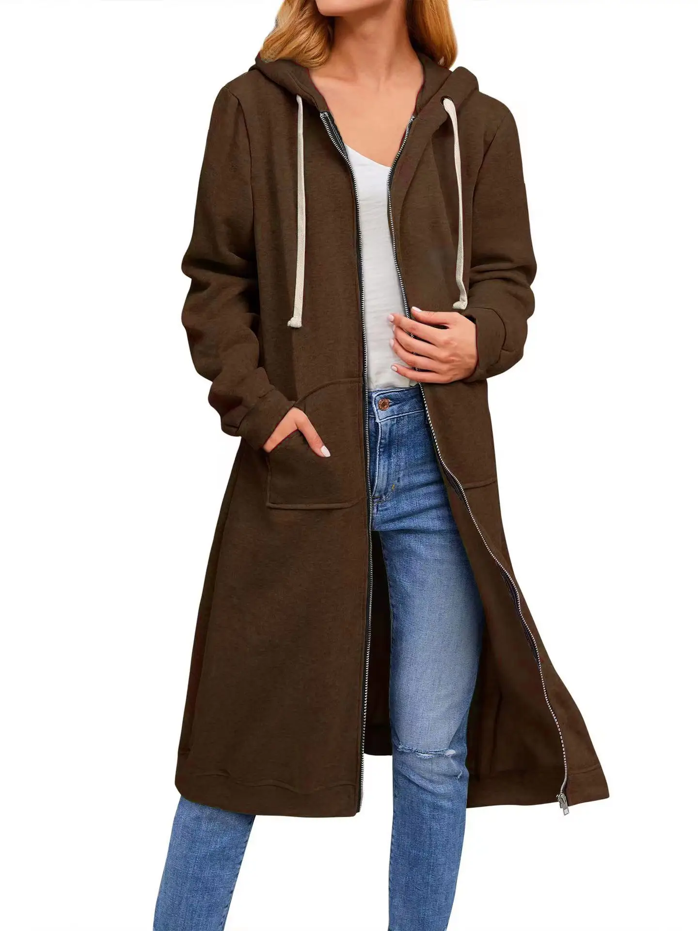 2022 Women's Long Hoodie Jacket Navy Blue Zipper Casual Winter - Image 7