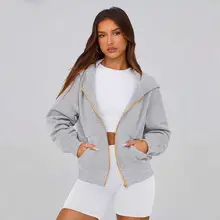2022 Women's Long Hoodie Jacket Navy Blue Zipper Casual Winter — feature 21