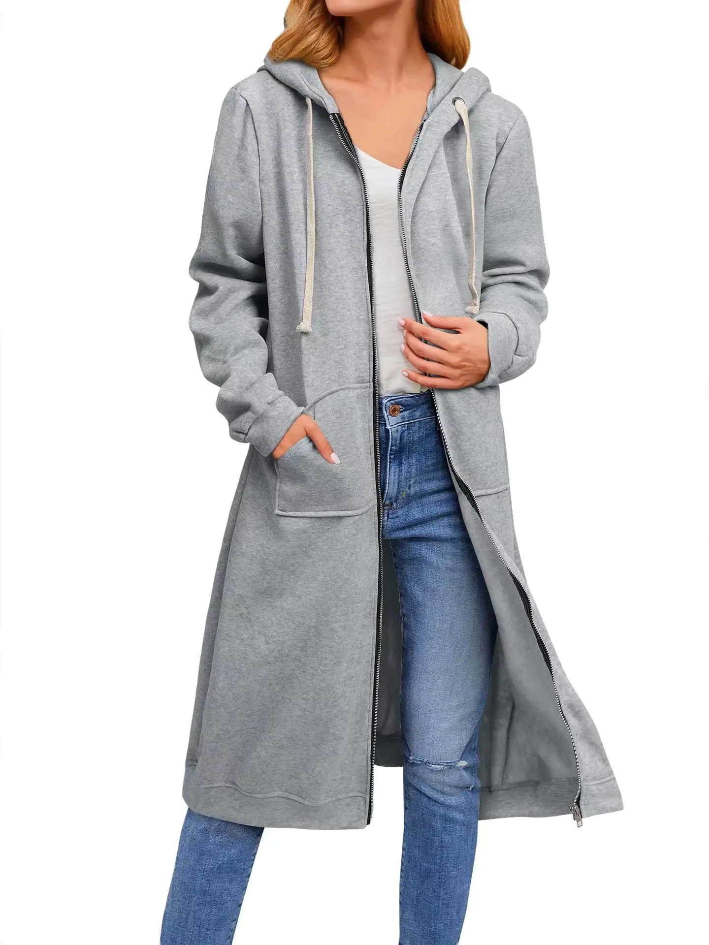 2022 Women's Long Hoodie Jacket Navy Blue Zipper Casual Winter - Image 2