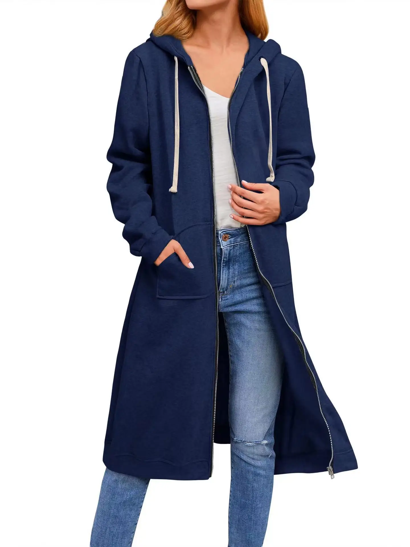 2022 Women's Long Hoodie Jacket Navy Blue Zipper Casual Winter - Image 3