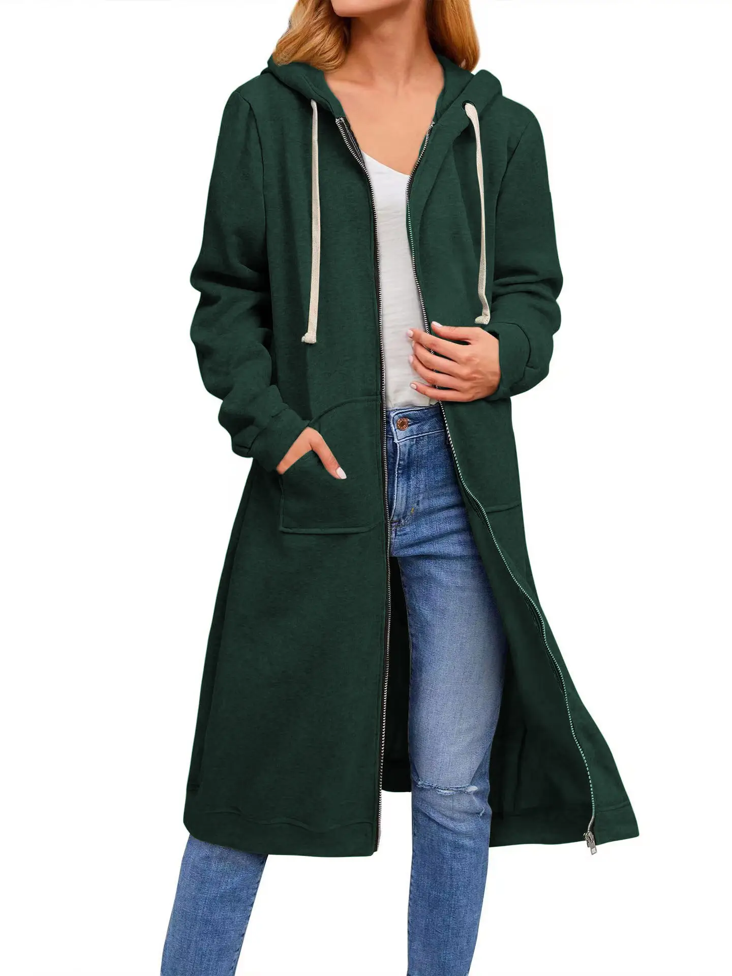 2022 Women's Long Hoodie Jacket Navy Blue Zipper Casual Winter - Image 5