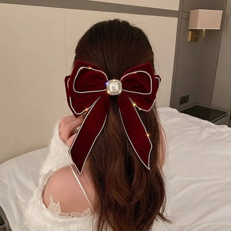 Oversized Velvet Bow Hairpin with Full Diamond Chain - Image 5
