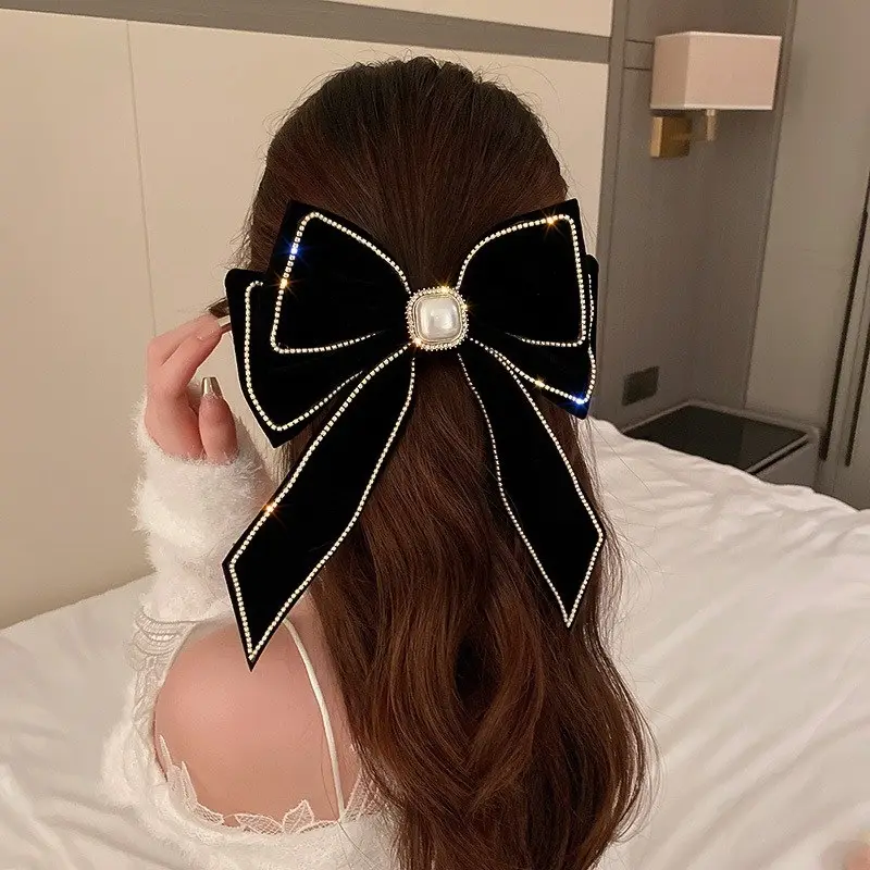 Oversized Velvet Bow Hairpin with Full Diamond Chain - Image 6