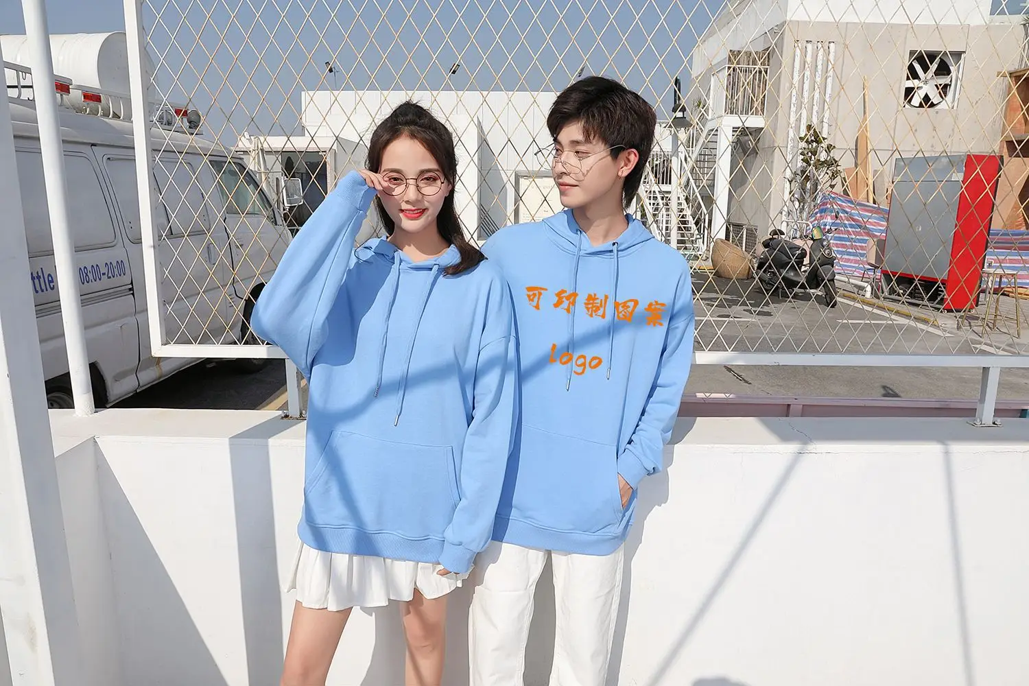 300g Cream Hooded Cotton Sweater with Drawstring — feature 1