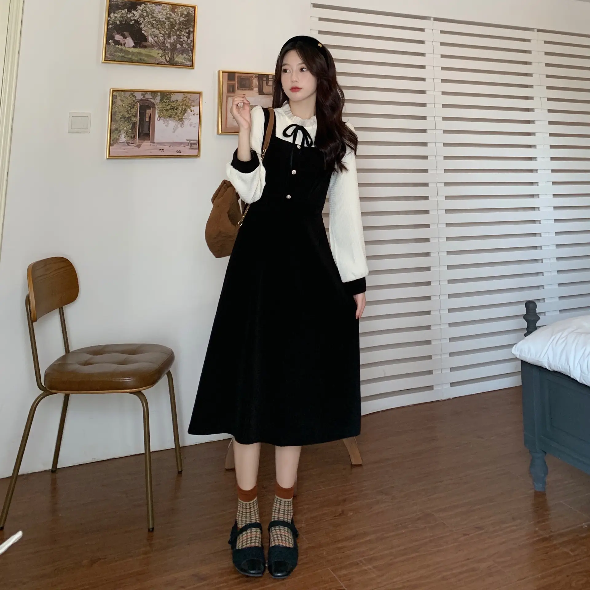 French Slimming Fake Two-Piece Dress Black White Midi — feature 13
