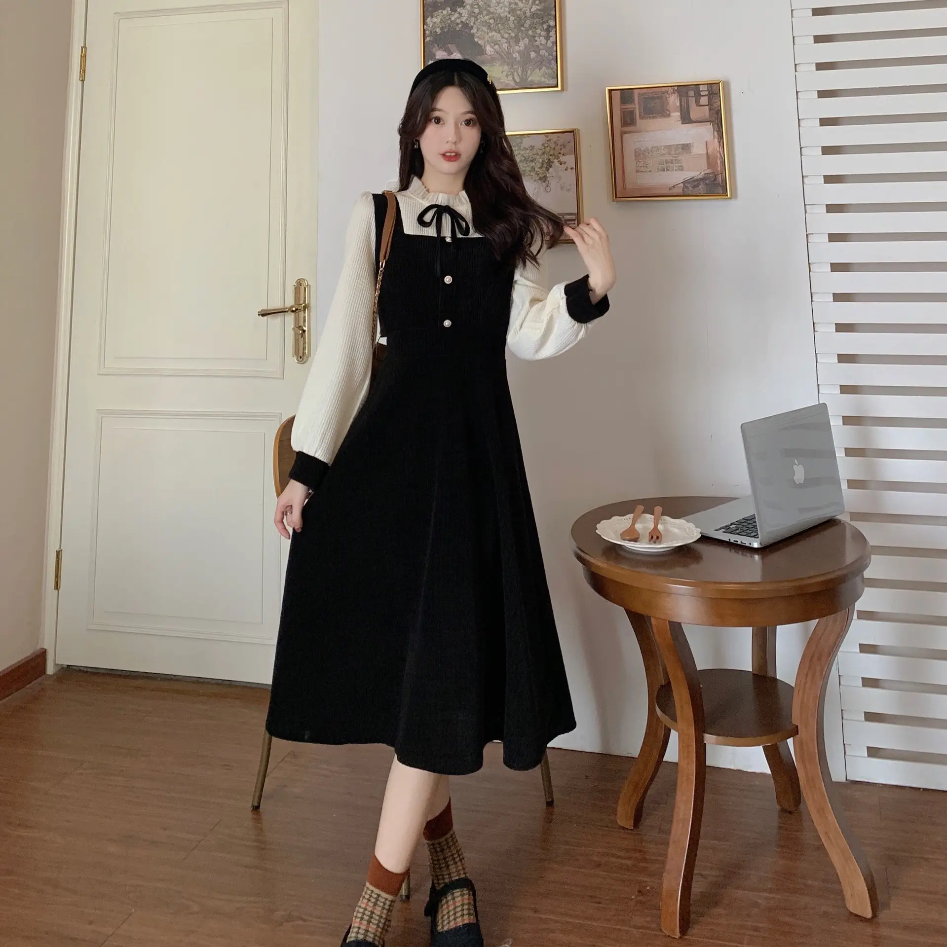 French Slimming Fake Two-Piece Dress Black White Midi — feature 14