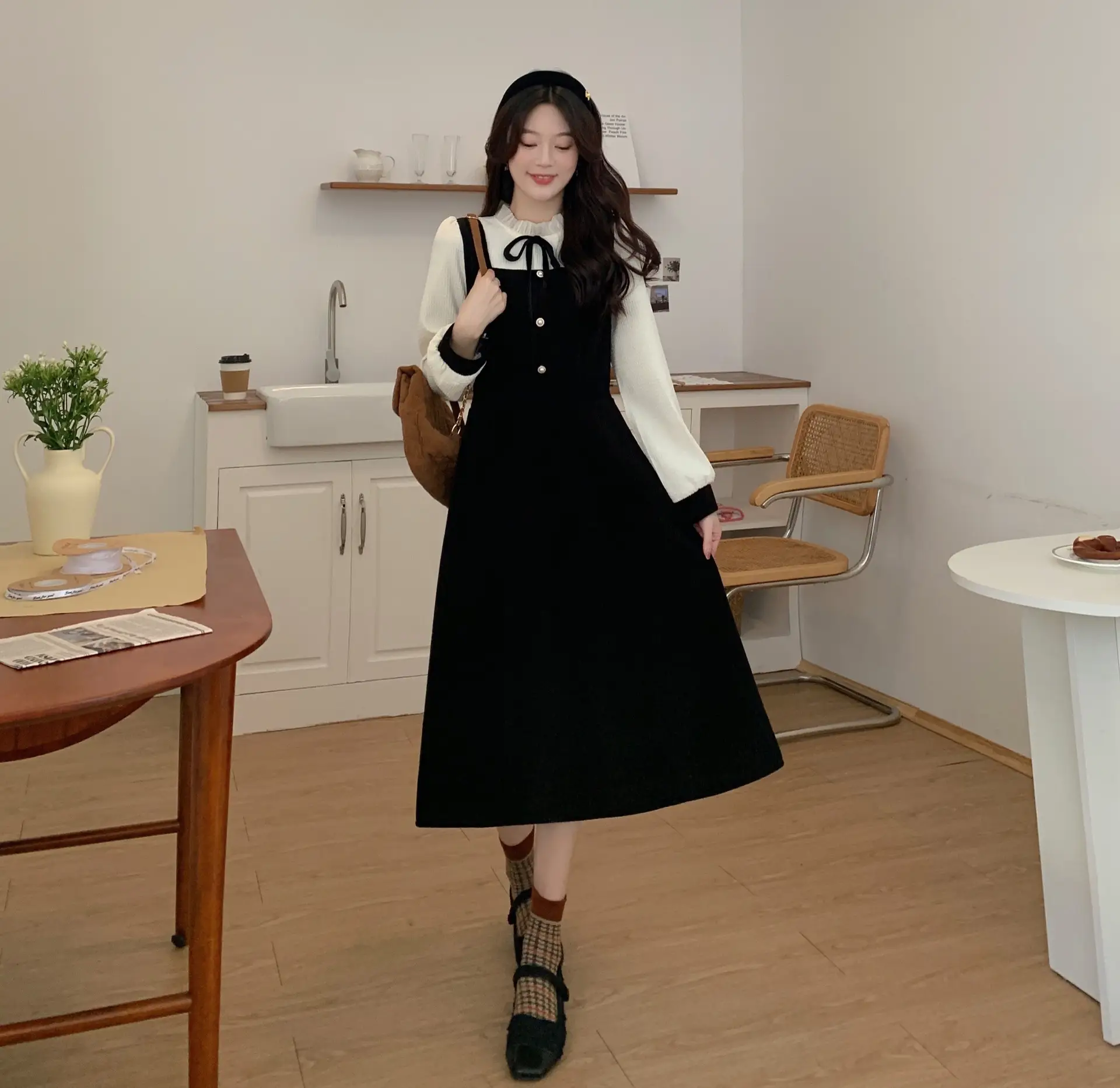 French Slimming Fake Two-Piece Dress Black White Midi — feature 16