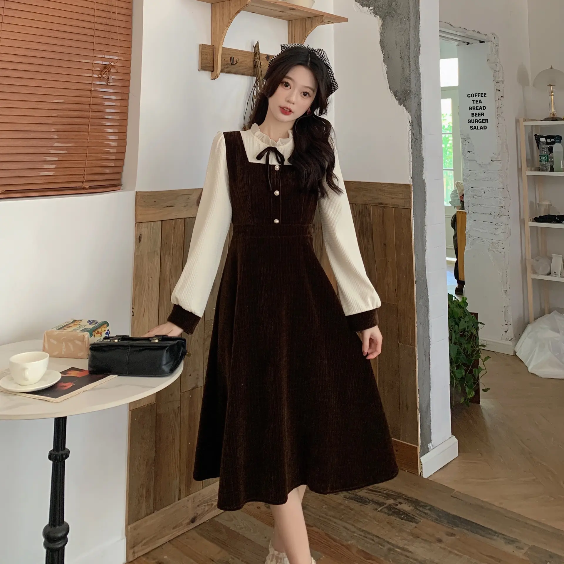 French Slimming Fake Two-Piece Dress Black White Midi — feature 18