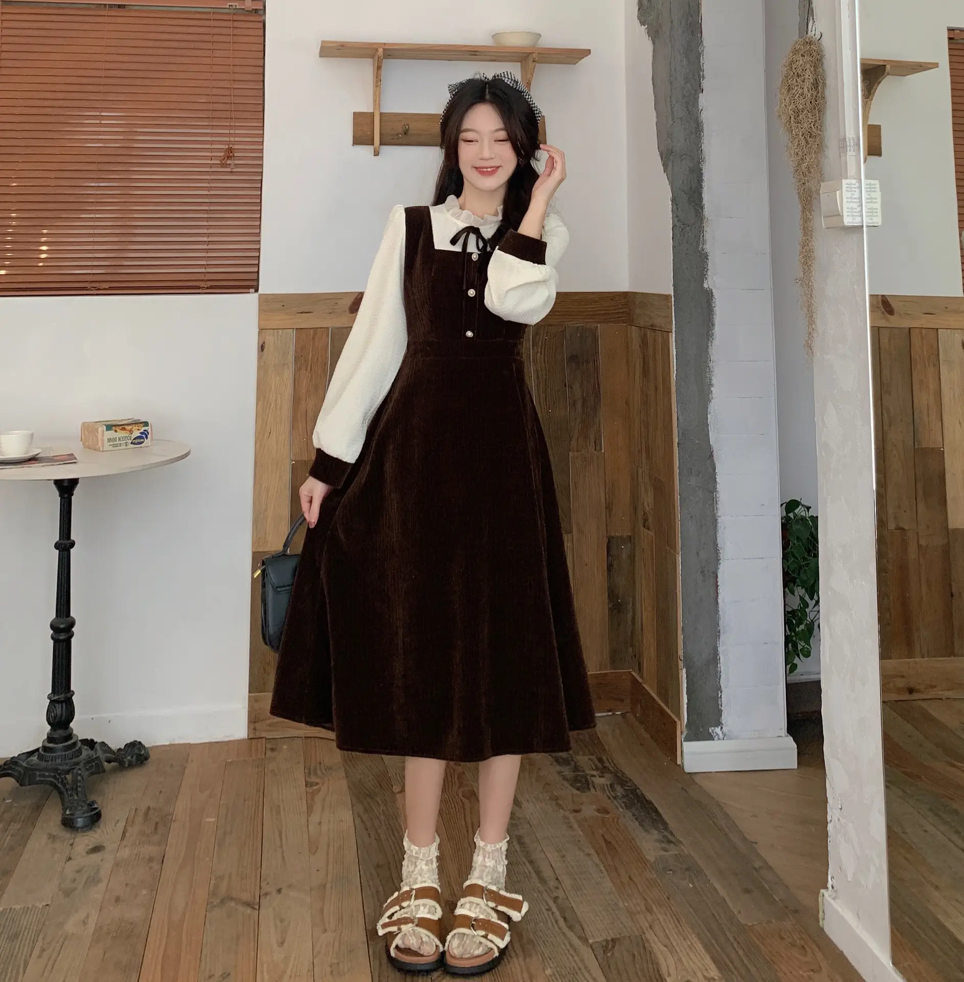 French Slimming Fake Two-Piece Dress Black White Midi — feature 19