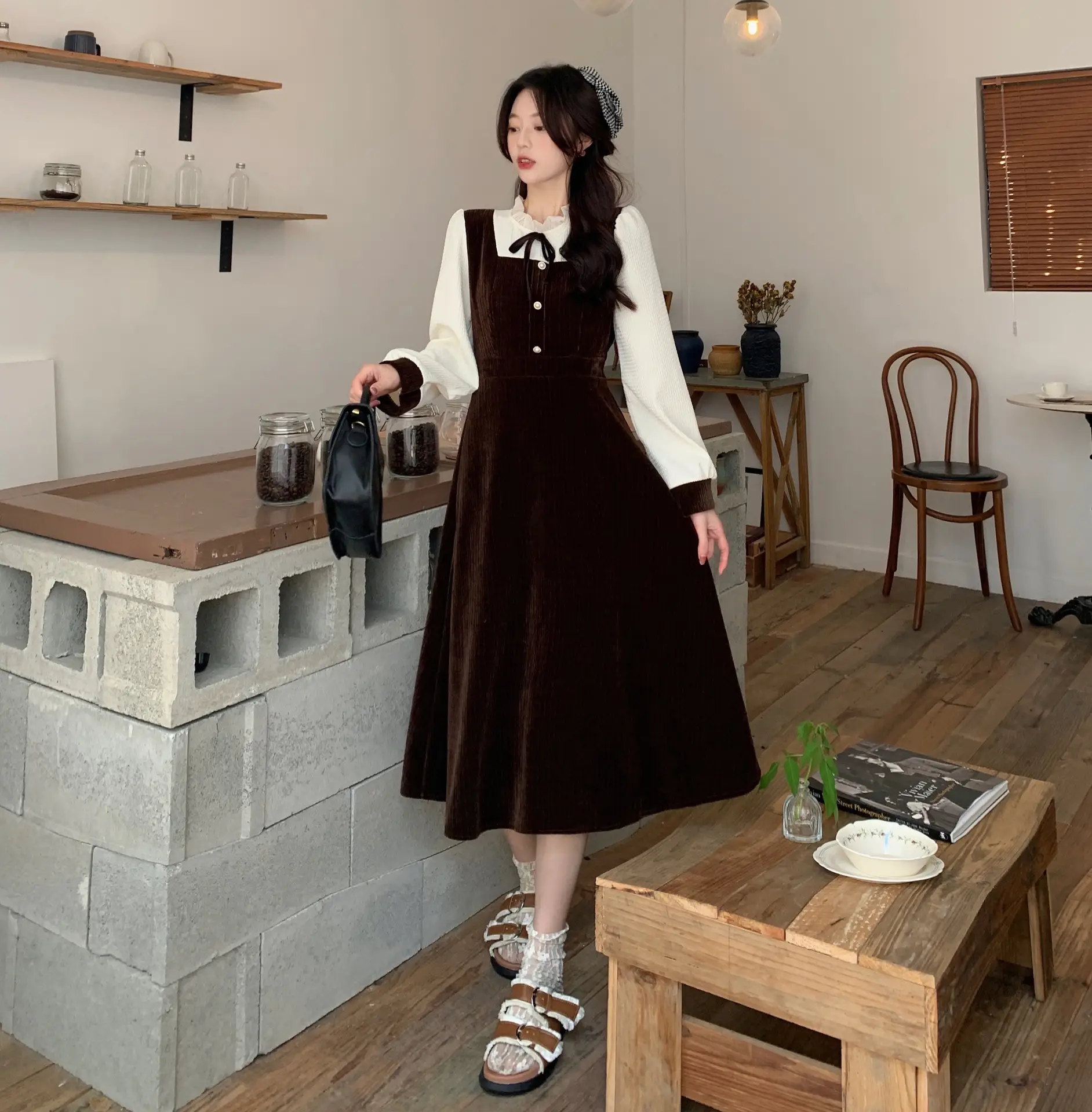 French Slimming Fake Two-Piece Dress Black White Midi — feature 22