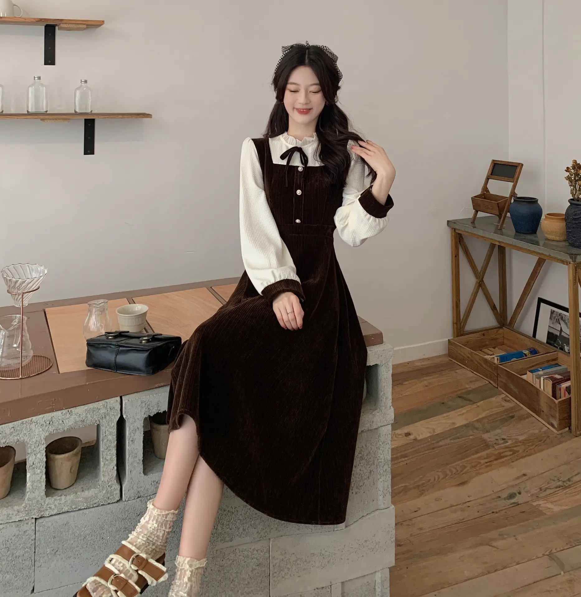 French Slimming Fake Two-Piece Dress Black White Midi — feature 24