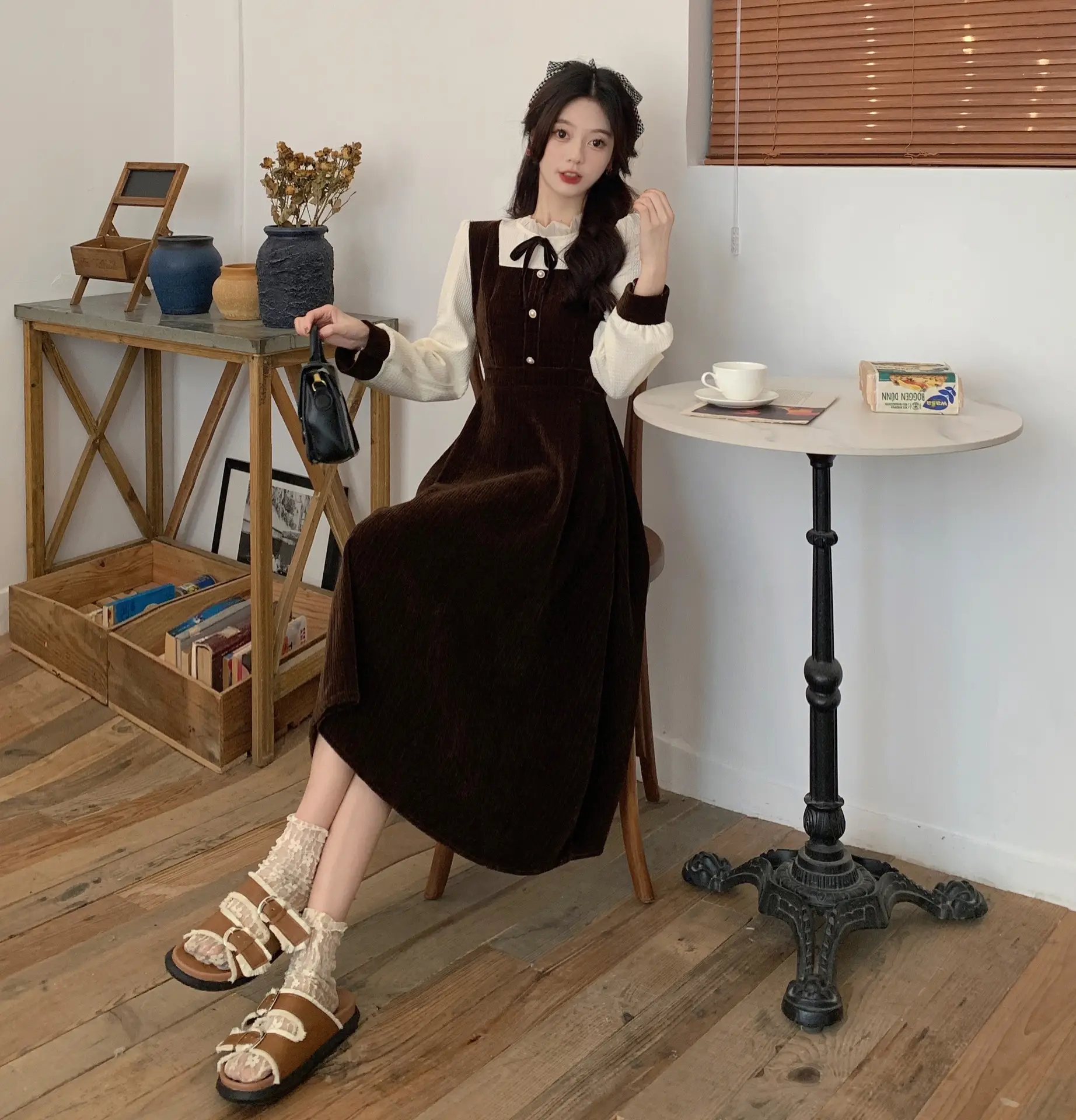 French Slimming Fake Two-Piece Dress Black White Midi — feature 25