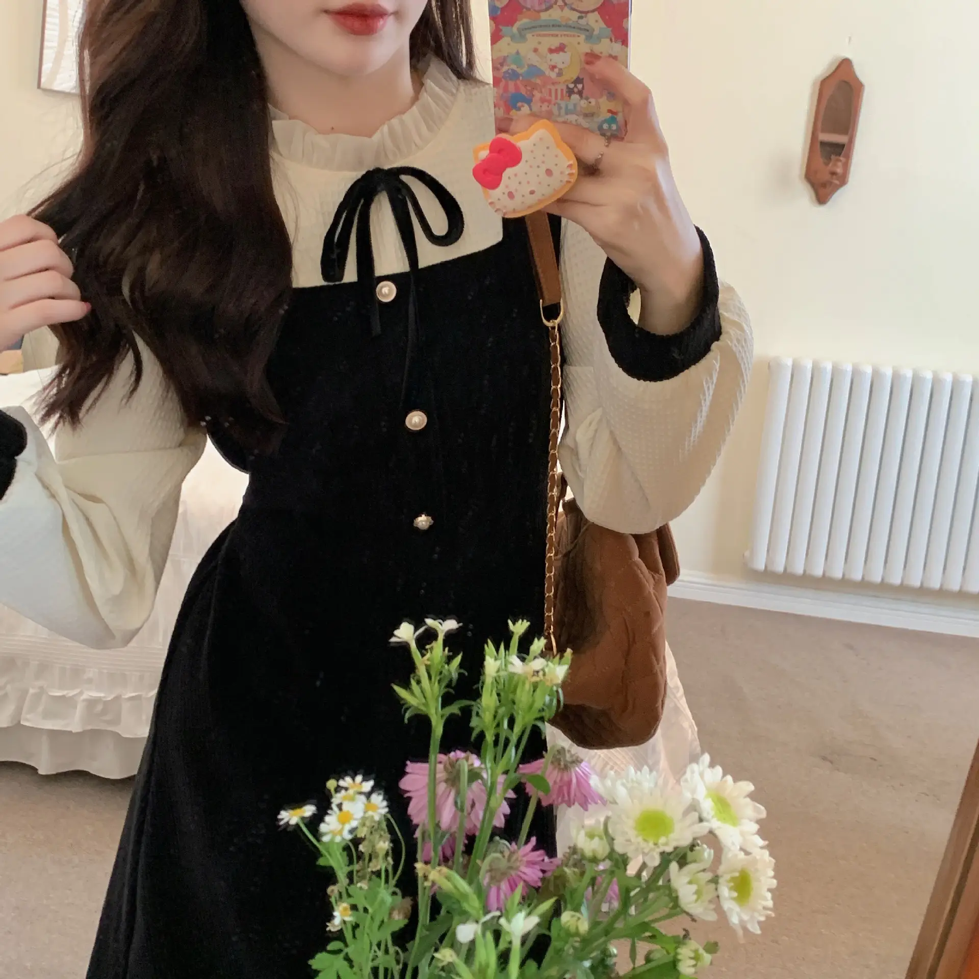 French Slimming Fake Two-Piece Dress Black White Midi — feature 4