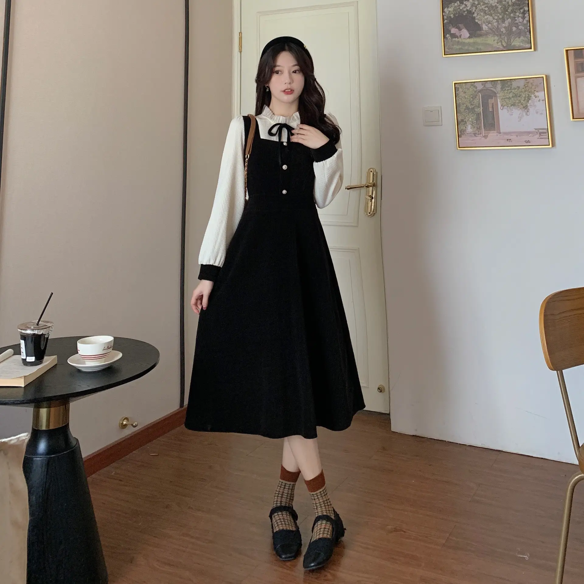 French Slimming Fake Two-Piece Dress Black White Midi — feature 5