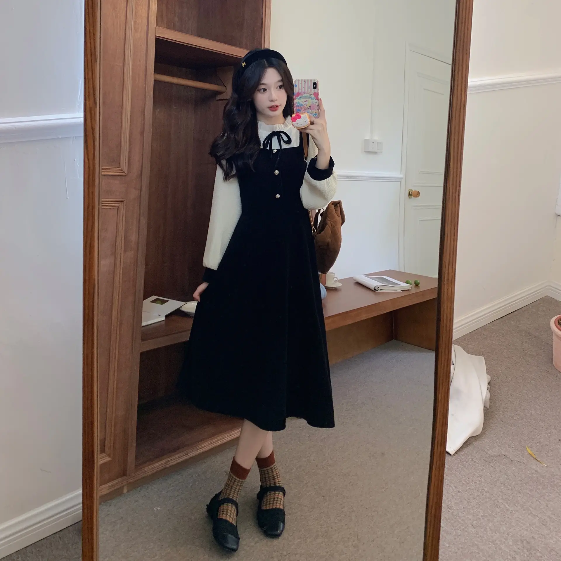 French Slimming Fake Two-Piece Dress Black White Midi — feature 7