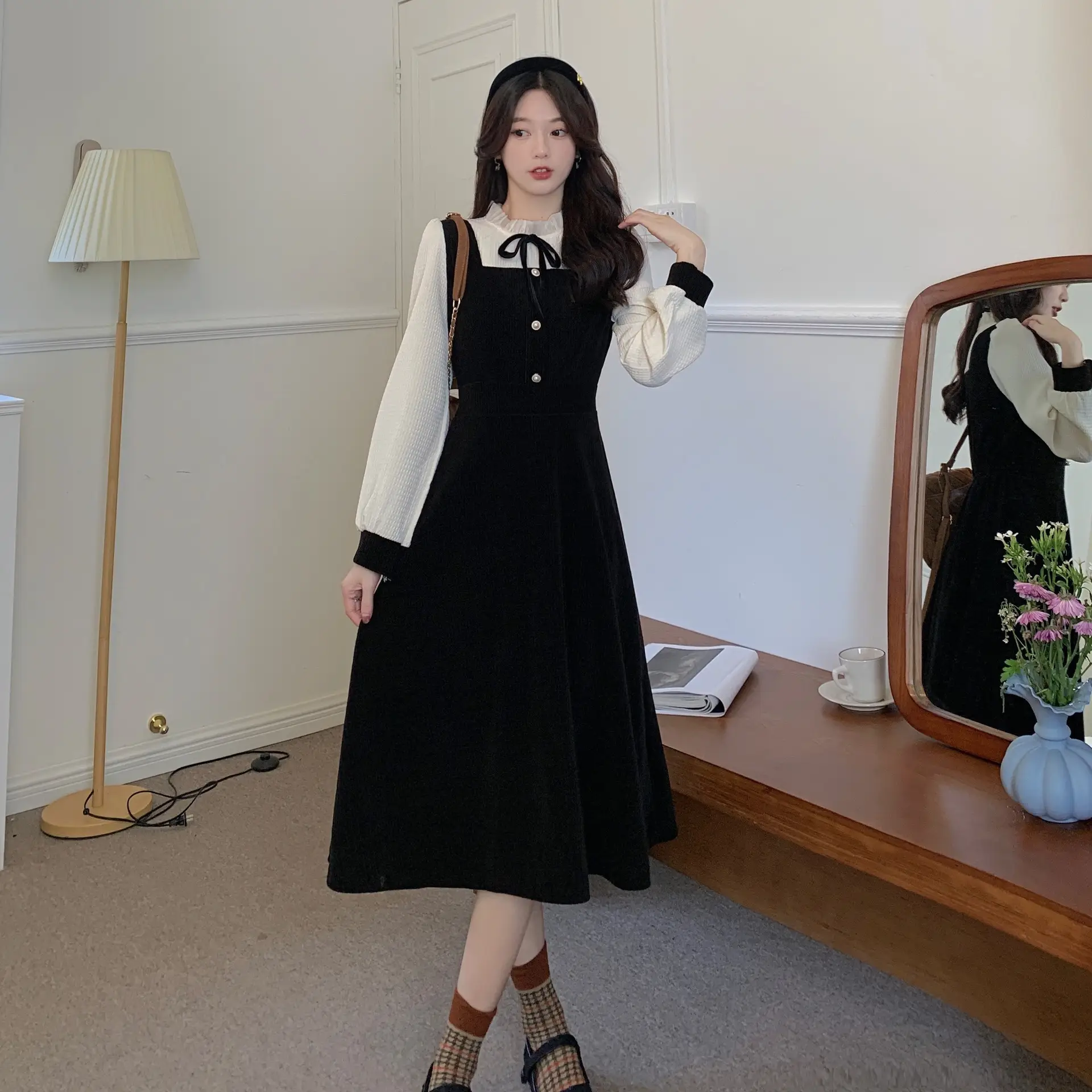 French Slimming Fake Two-Piece Dress Black White Midi — feature 9