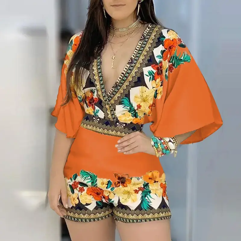 2023 Floral Deep V Jumpsuit Women Orange - Image 8