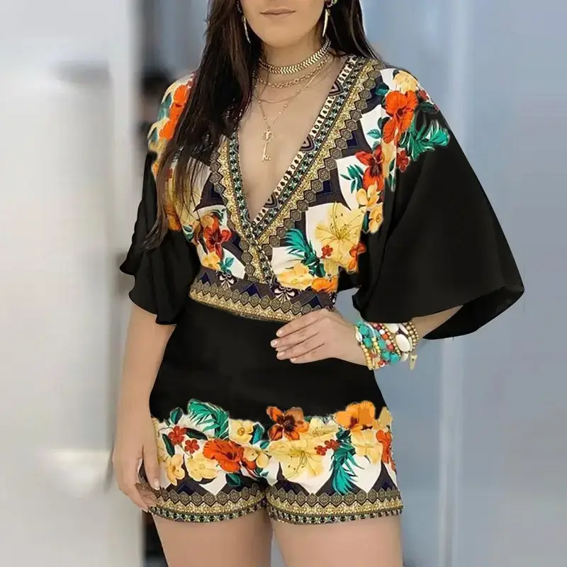 2023 Floral Deep V Jumpsuit Women Orange - Image 4