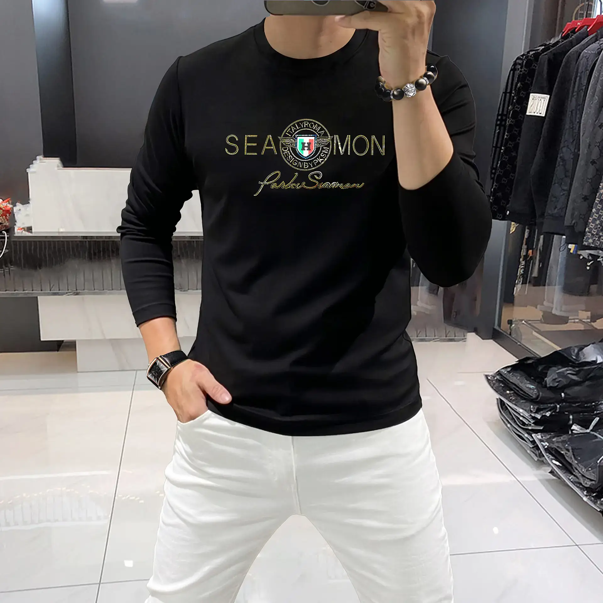 Red Sequin Print Long Sleeve T-Shirt for Men - Image 7