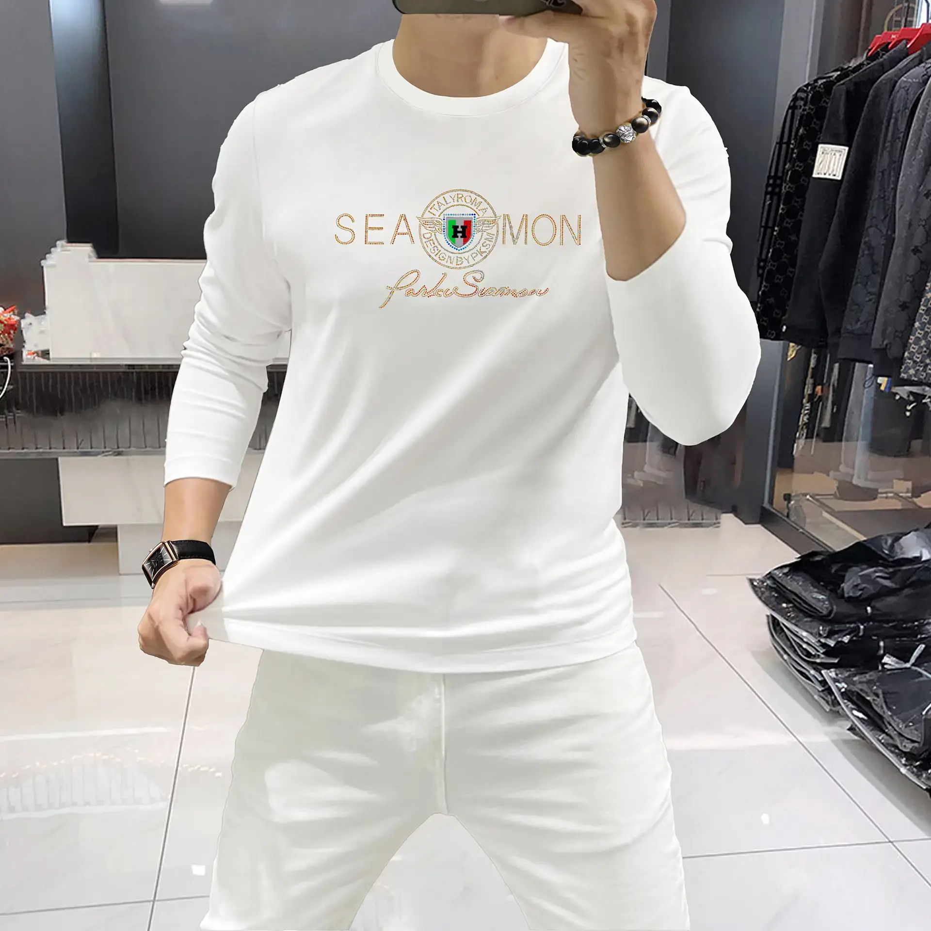 Red Sequin Print Long Sleeve T-Shirt for Men — feature 6