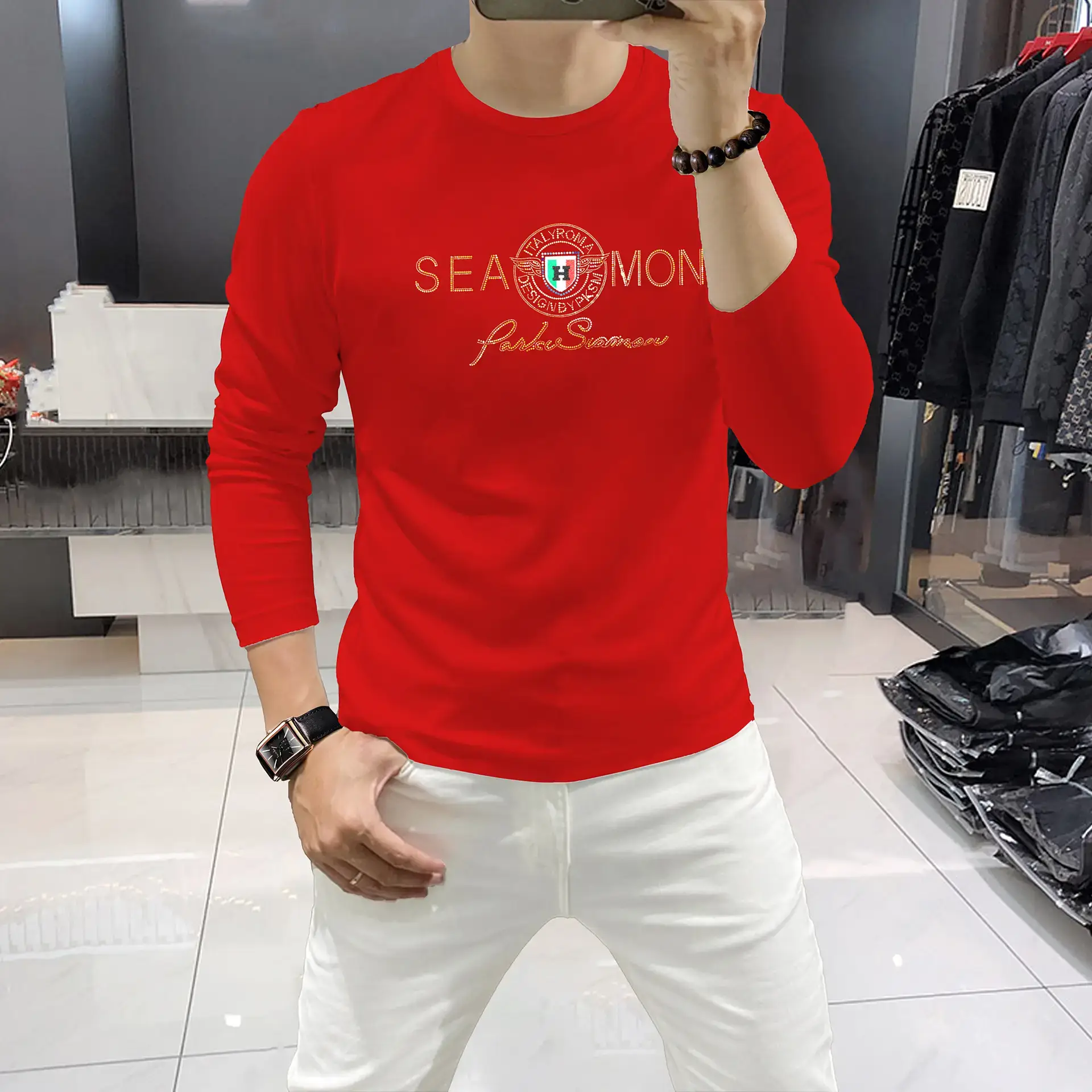 Red Sequin Print Long Sleeve T-Shirt for Men - Image 3